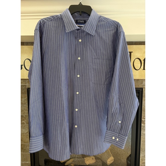 Chaps Other - CHAPS Mens Blue White Pinstripe Stretch No Wrinkle  Fit Dress Shirt 17 1/2 32/33